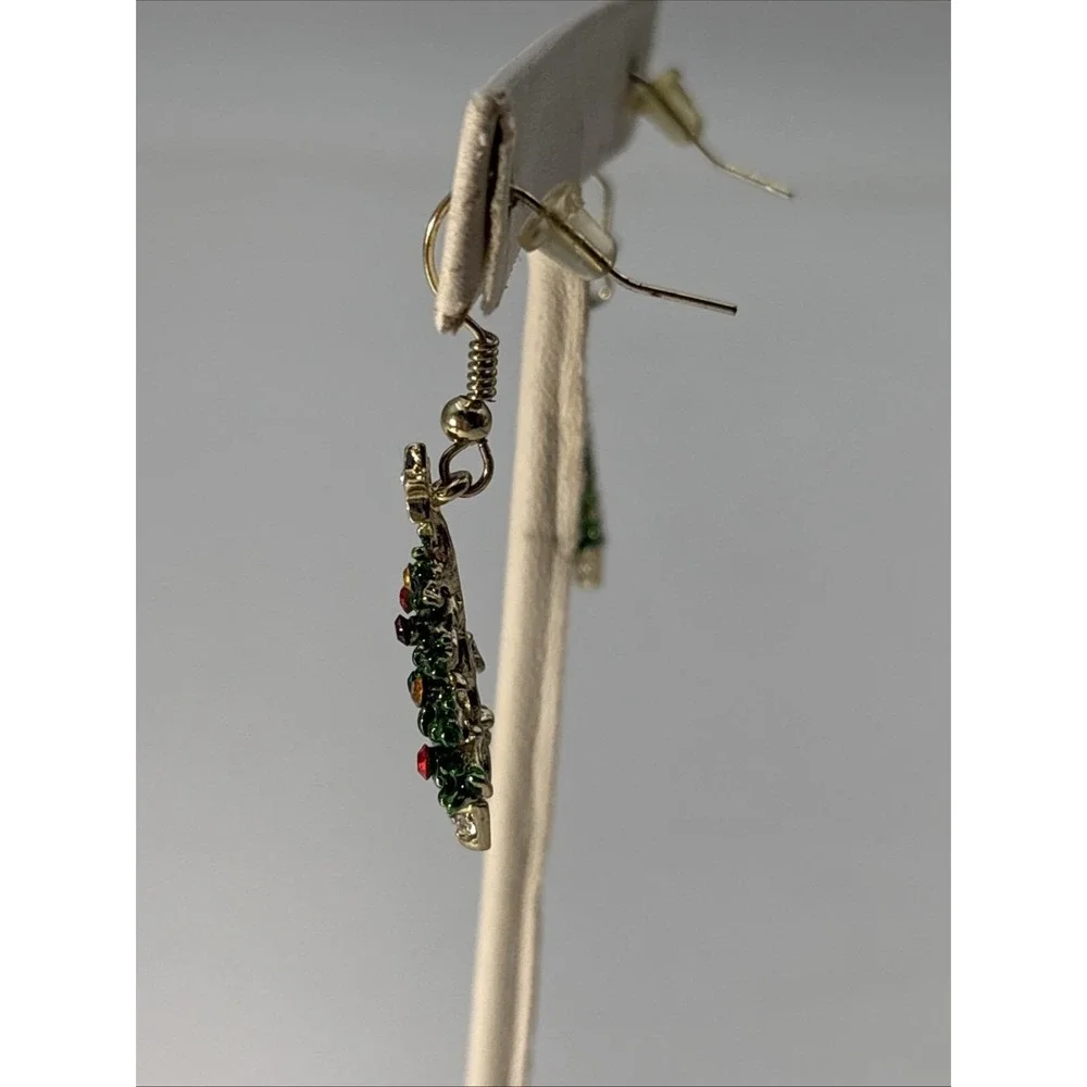 Vintage Silver Tone Rhinestone Christmas‎ Tree Holiday Pierced Dangle Earrings